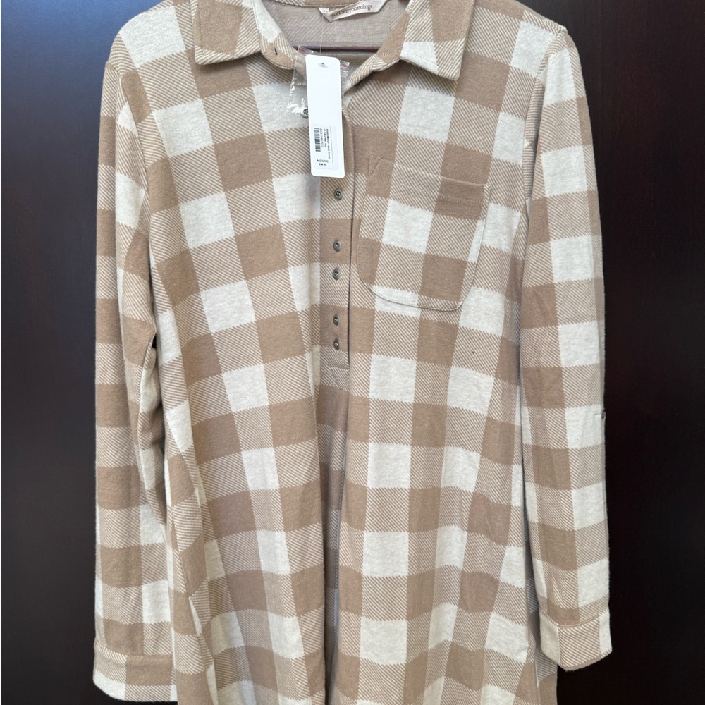 Soft Surroundings Men's Casual Brown and Cream Checkered Shirt